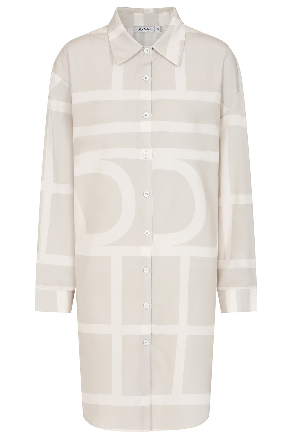 Buy Online Agata Shirt Dress Alice Collins Beige shirt dress with white geometric pattern