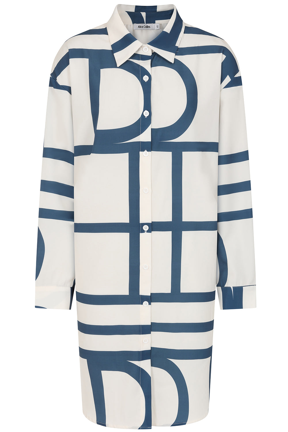 Buy Online Agata Shirt Dress Alice Collins White shirt dress with blue geometric pattern