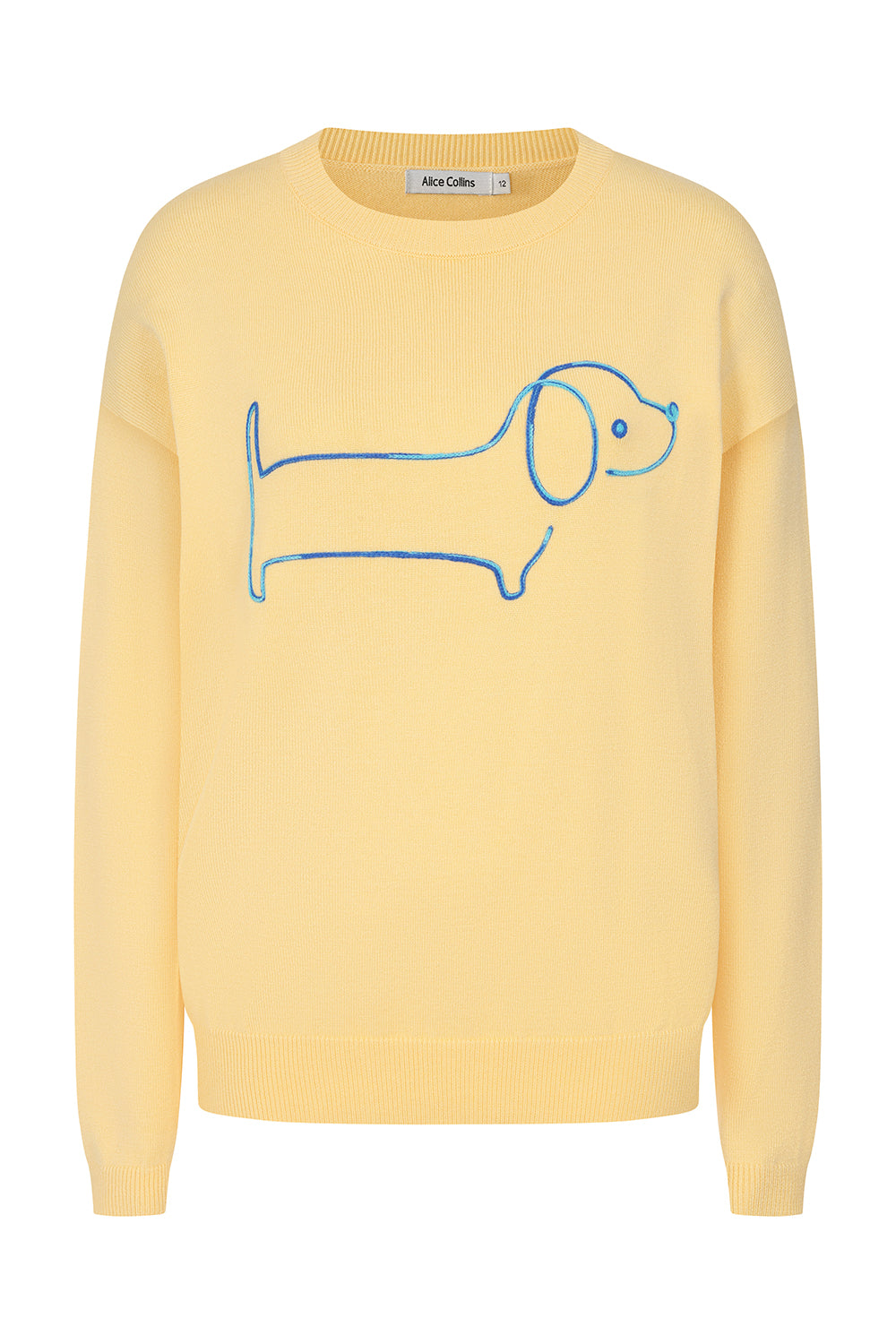 Buy Online Sausage Dog Pullover Alice Collins - Yellow sweater with blue dog design on a white background
