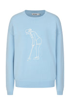 Buy Online Lady Golfer Pullover Alice Collins - Light blue sweater with a white line drawing of a person playing golf on a white background