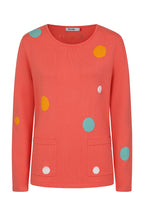 Buy Online Nicola Pullover Alice Collins - Coral sweater with colorful polka dots on a white background