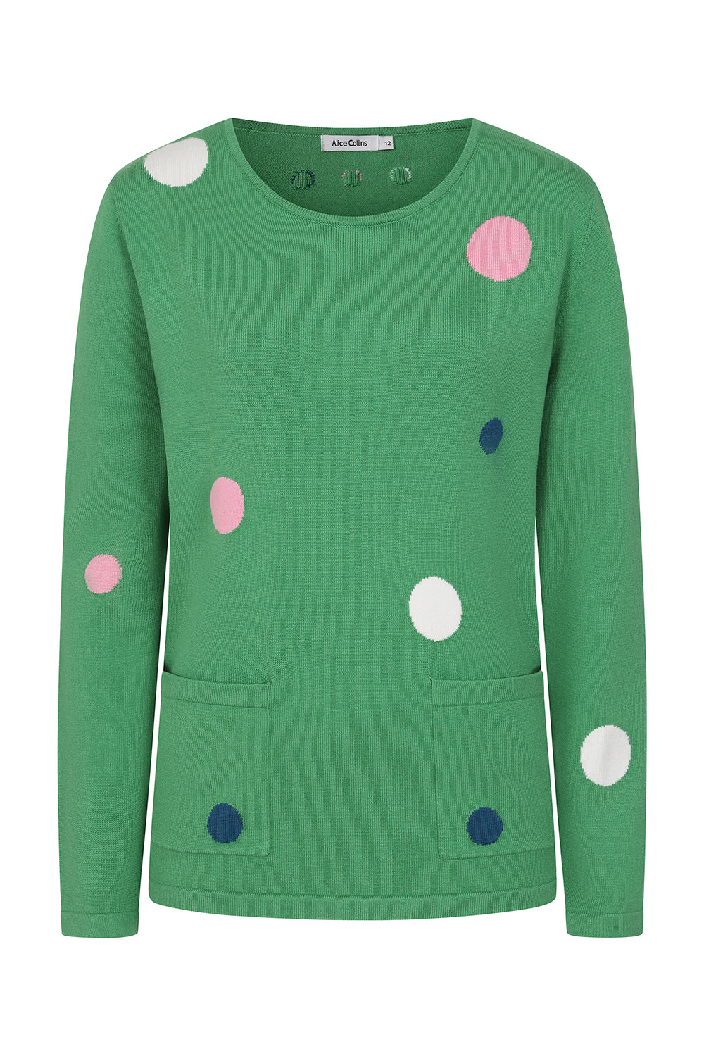 Buy Online Nicola Pullover Alice Collins - Green sweater with colorful polka dots on a white background