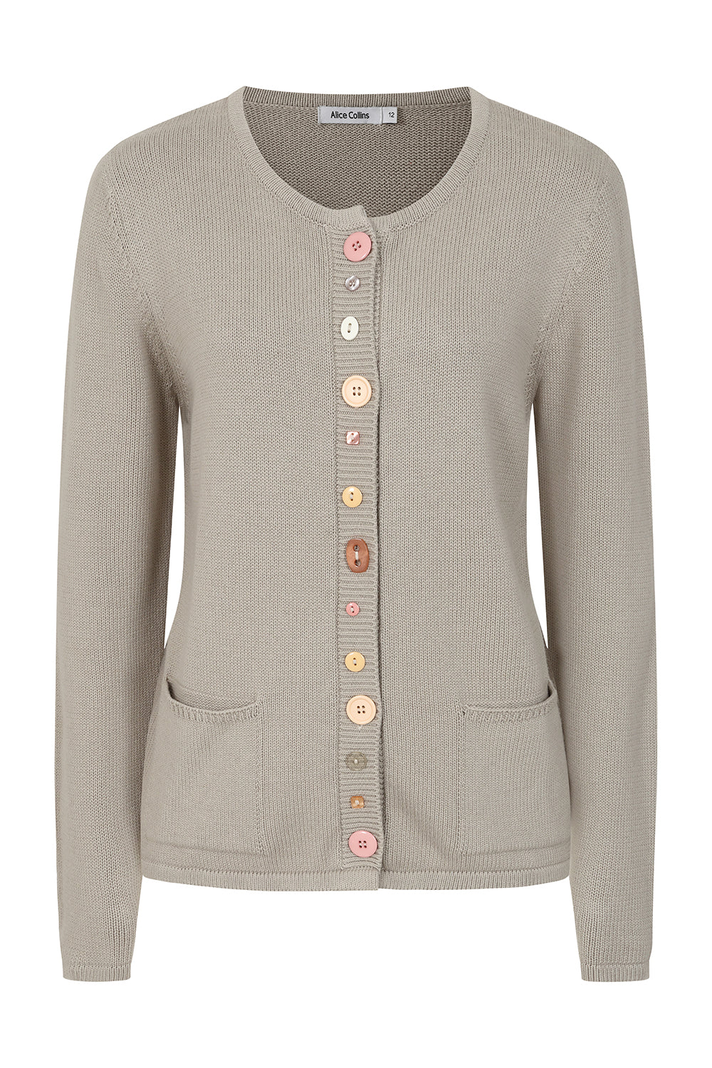 Buy Multi Button Cardigan Online - Alice Collins - Beige cardigan with colorful buttons on a white background
