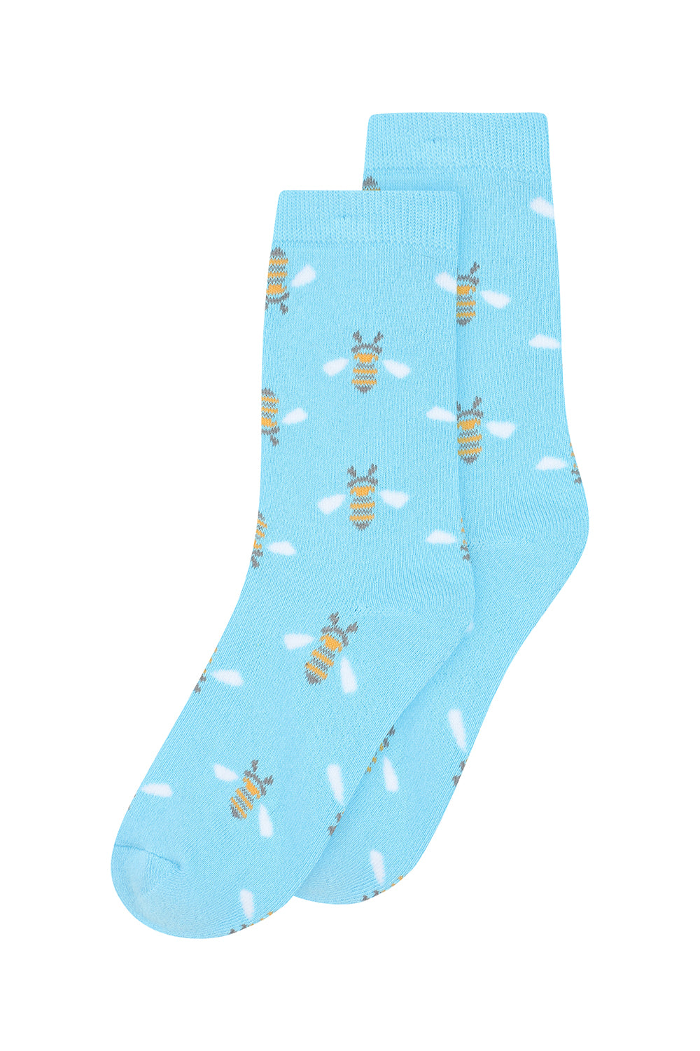 Light blue socks with bee pattern on a white background