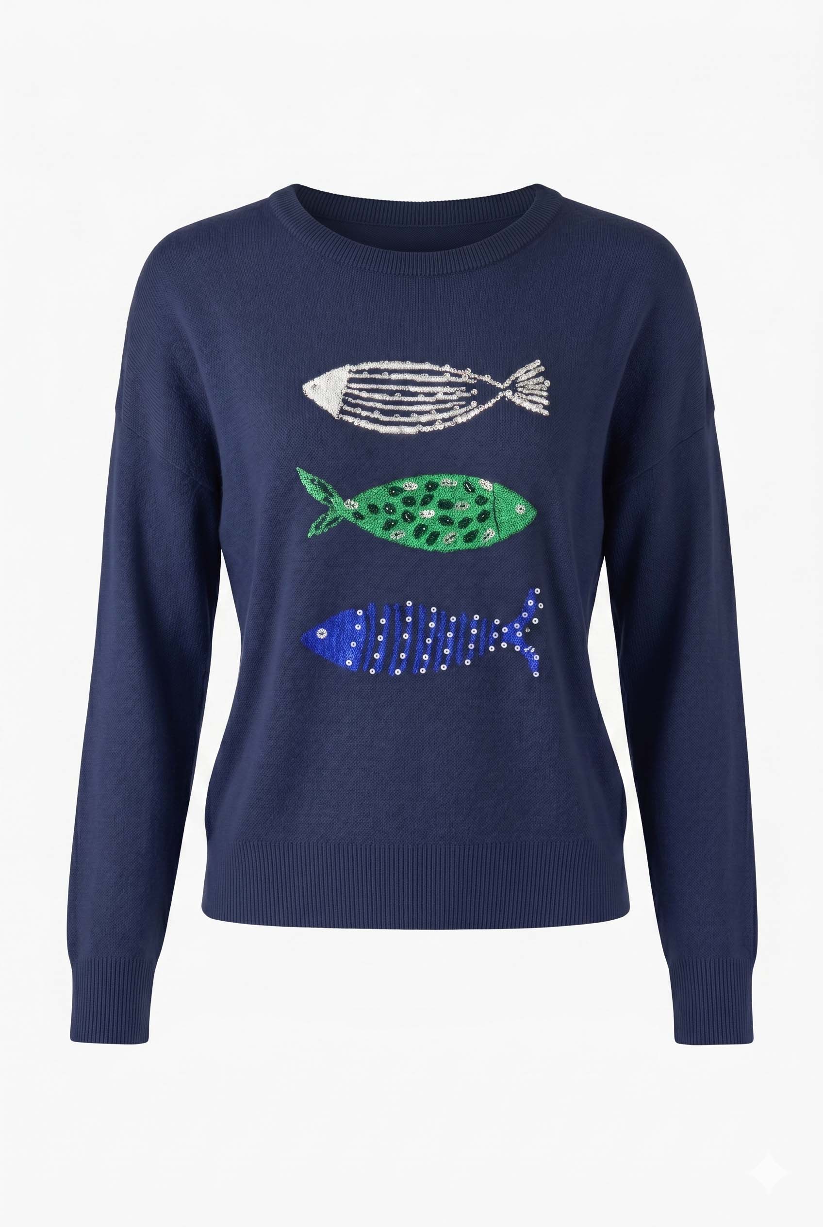 A navy blue crewneck sweater featuring three stylized fish motifs on the front chest, with one white fish, one green spotted fish, and one blue spotted fish, shown against a plain white background.